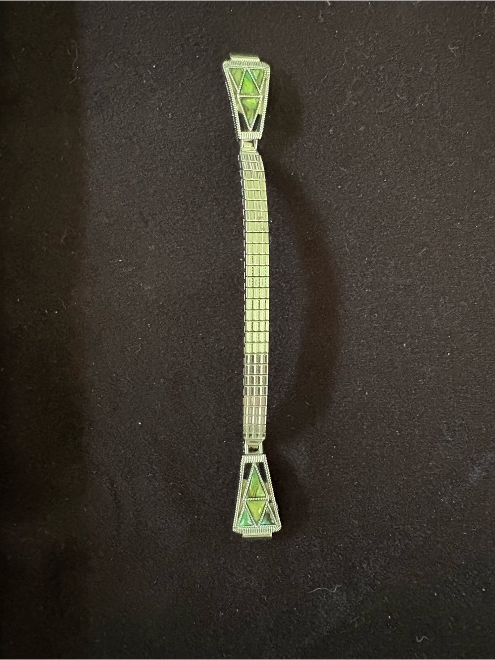 Older Art Deco Green Geometric Watch Tips w Stretch Band Bracelet. Silver tone